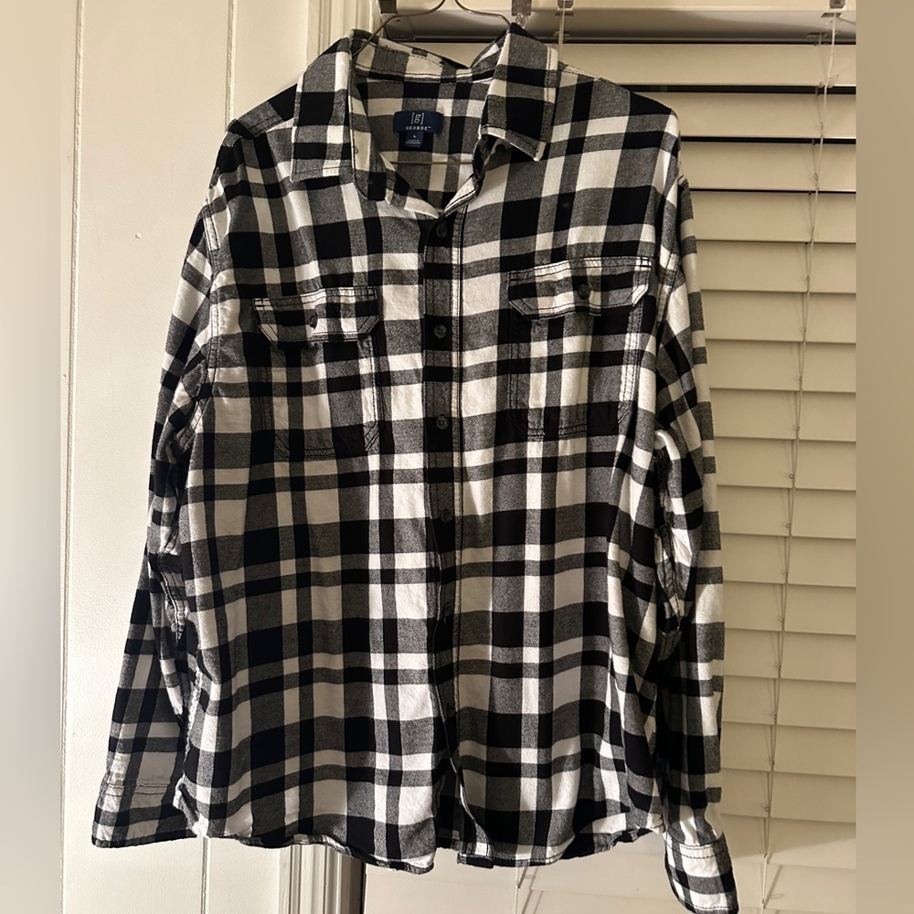 George Black & White Buffalo Plaid Flannel Shirt Men’s Large